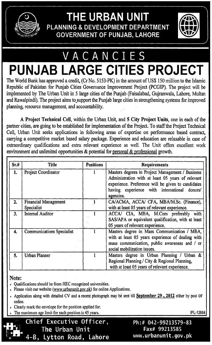 The Urban Unit Planning & Development Department Punjab Jobs